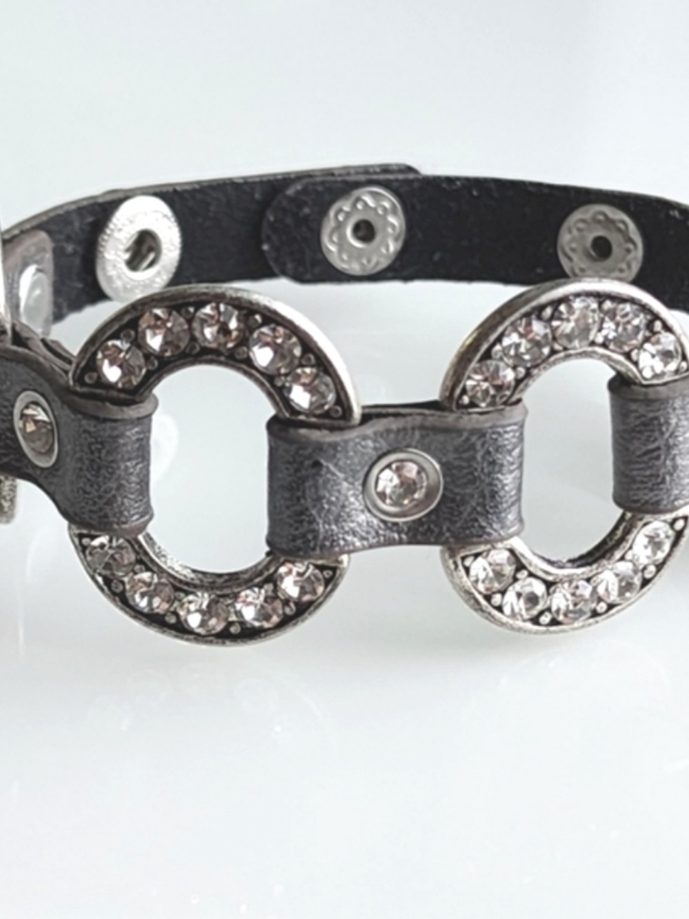 Premier Designs Black Leather Bracelet with Silver Crystal Circles Accent